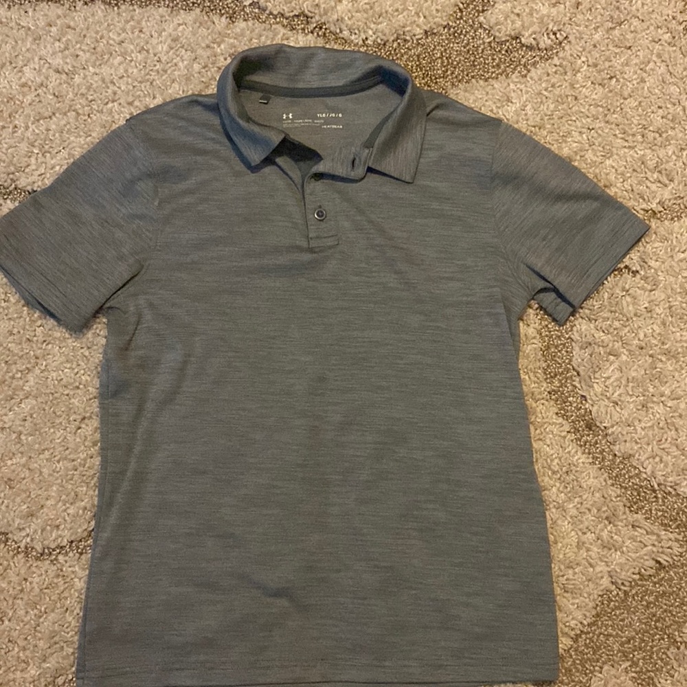 Heathered gray loose fit polo shirt. Washed but never worn. No UA logo on front.